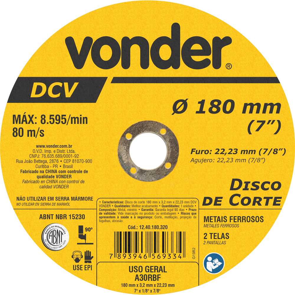 Disco de corte 180 mm x 3,2 mm x 22,23 mm DCV, VONDER
