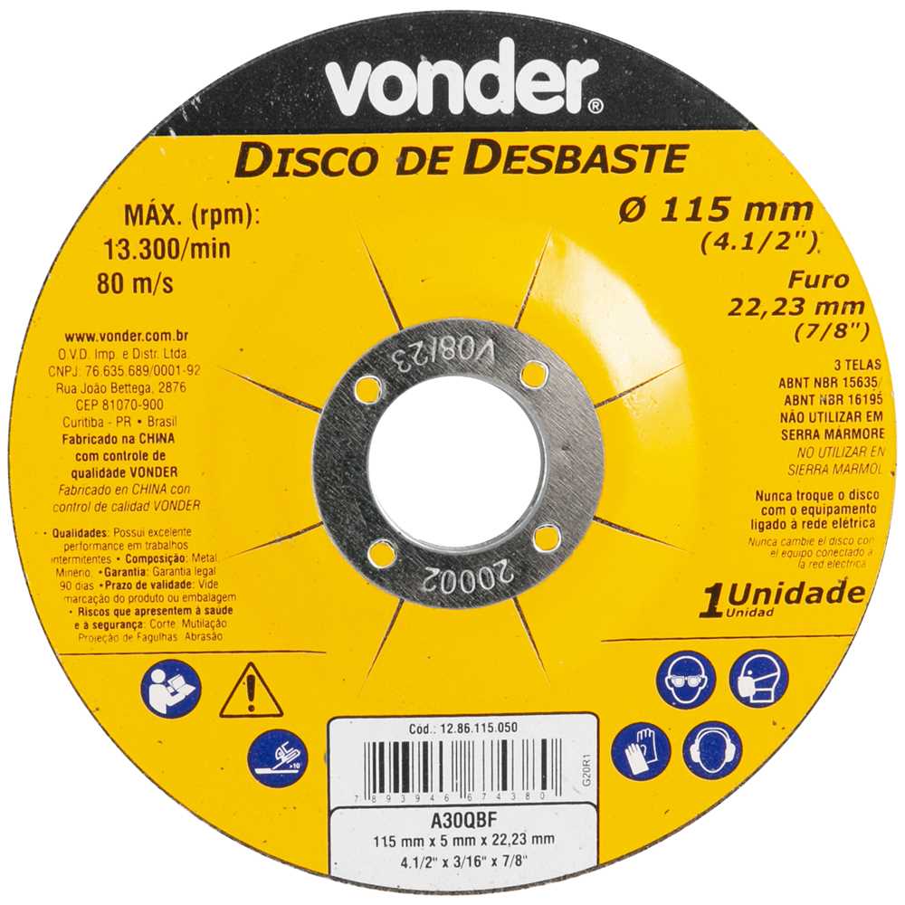 Disco de desbaste 115,0 mm x 5,0 mm x 22,23 mm, DBV, VONDER