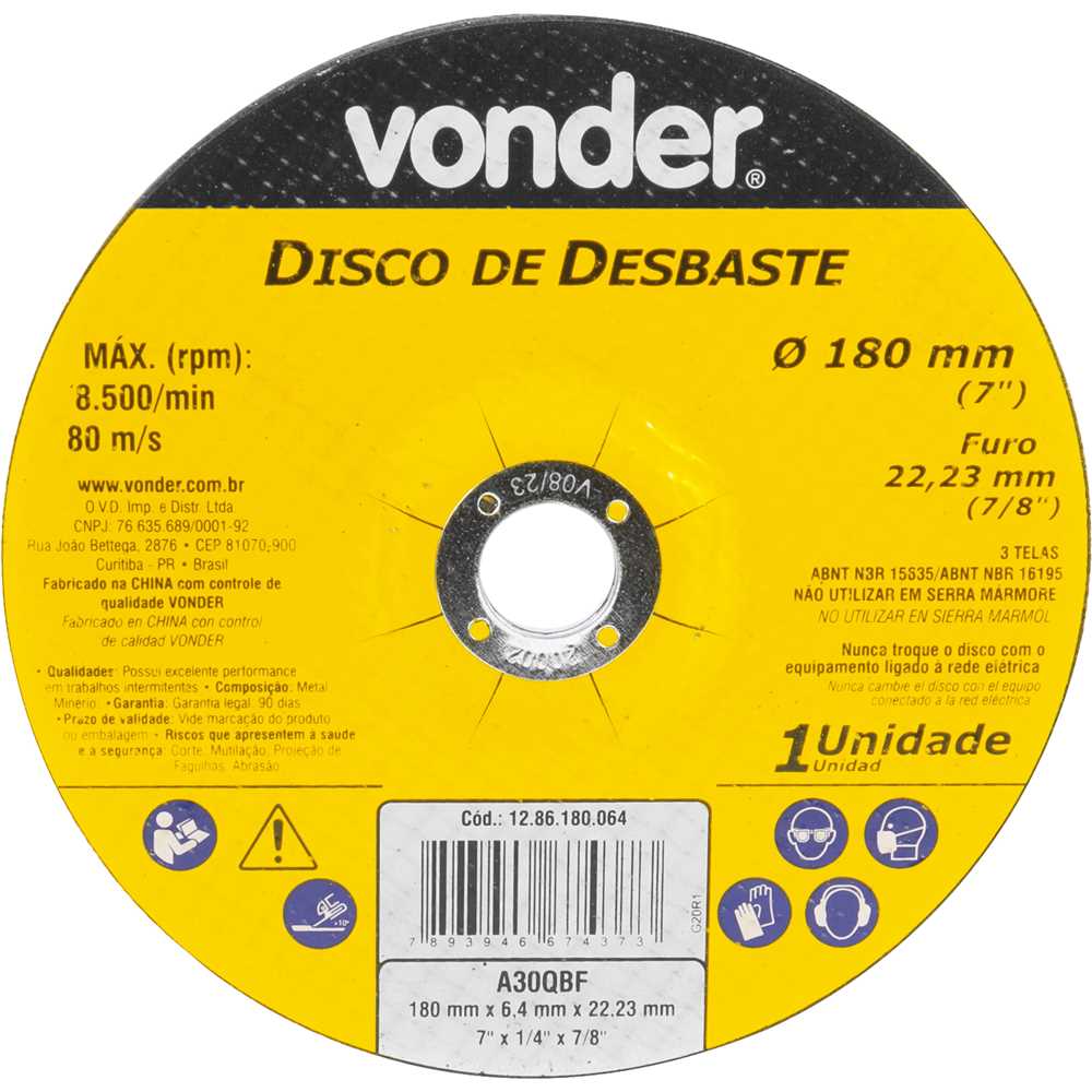 Disco de desbaste 180,0 mm x 6,4 mm x 22,23 mm, DBV, VONDER