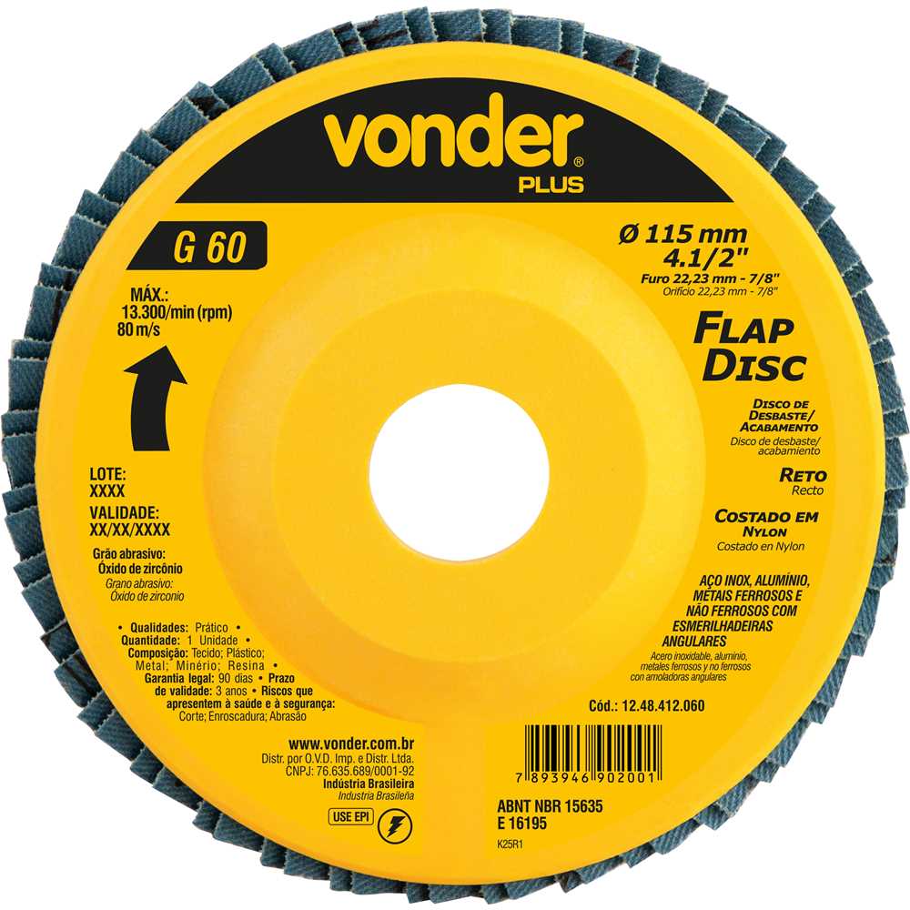 Flap-disc, disco de desbaste/acabamento, 4.1/2" - 115 mm, reto, grão 60, VONDER PLUS