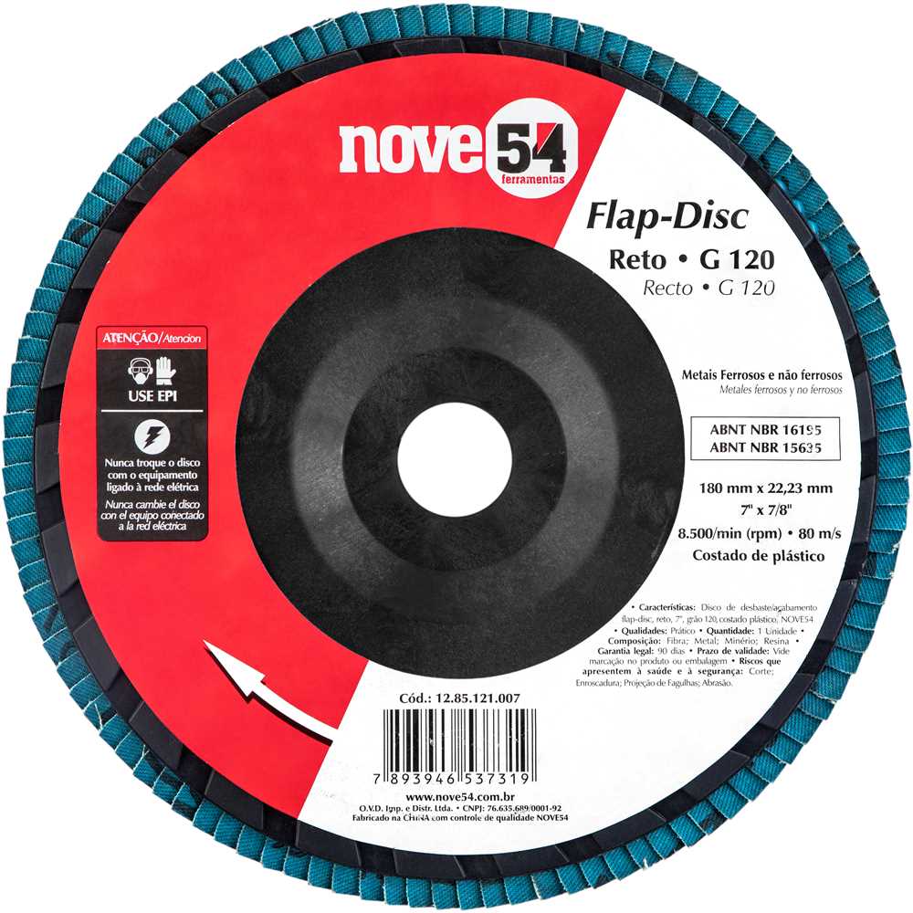 Flap-disc, disco de desbaste/acabamento, 7" - 180 mm, grão 120, NOVE54